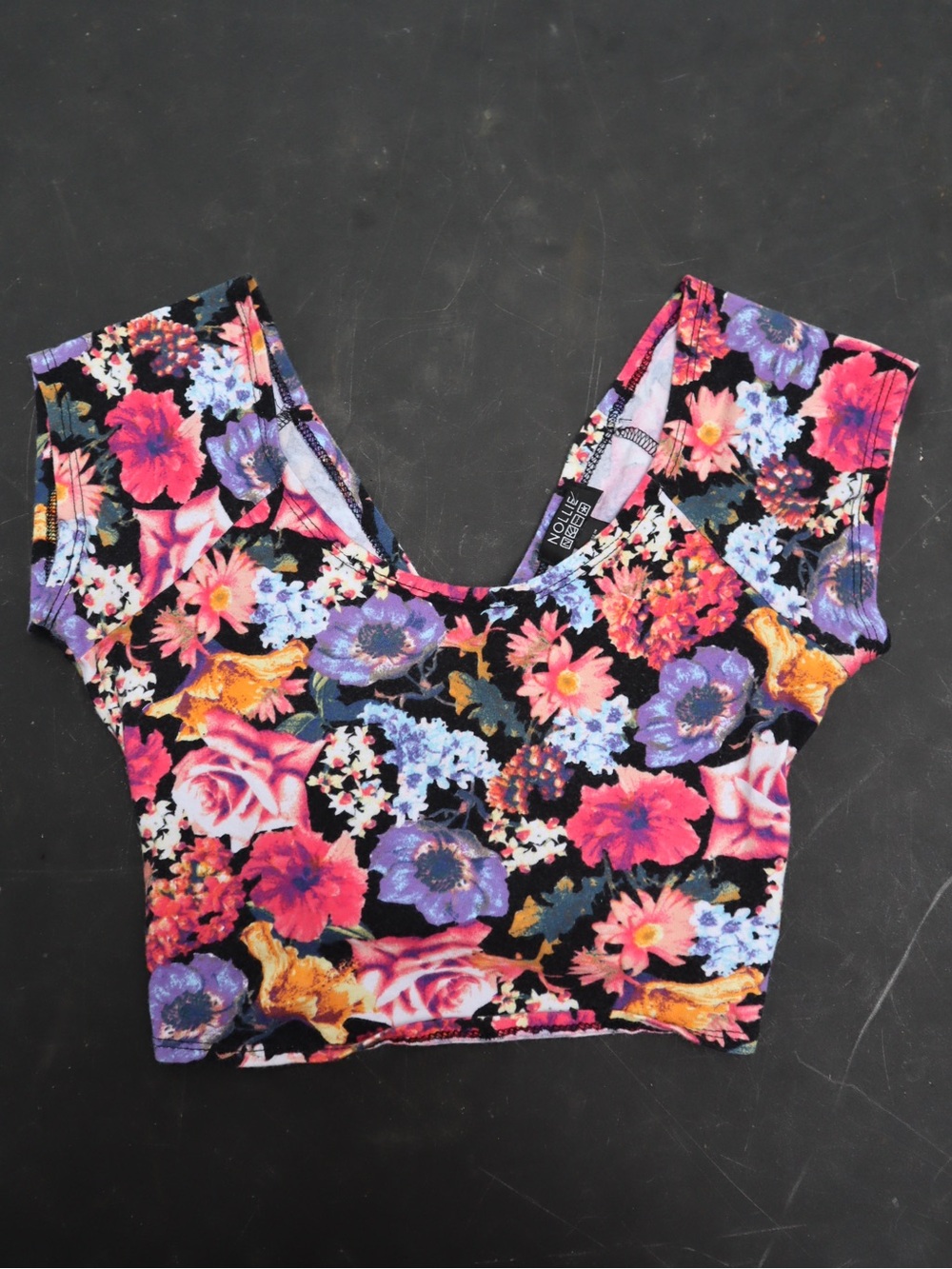 Nollie Black Floral Scoop Crop Top with Pink and Purple Accents